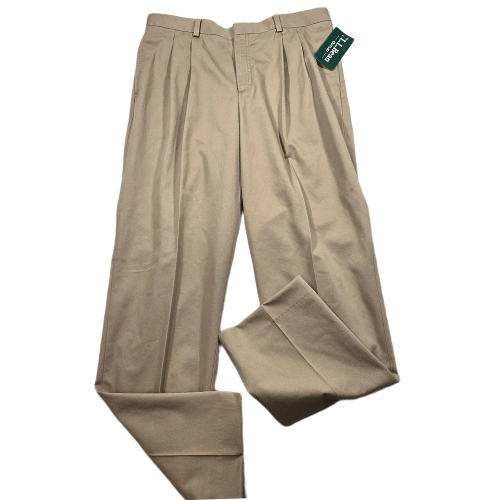LL Bean Dress Chino Pants Mens 36x35 Dark Khaki Tan Pleated Casual NEW
